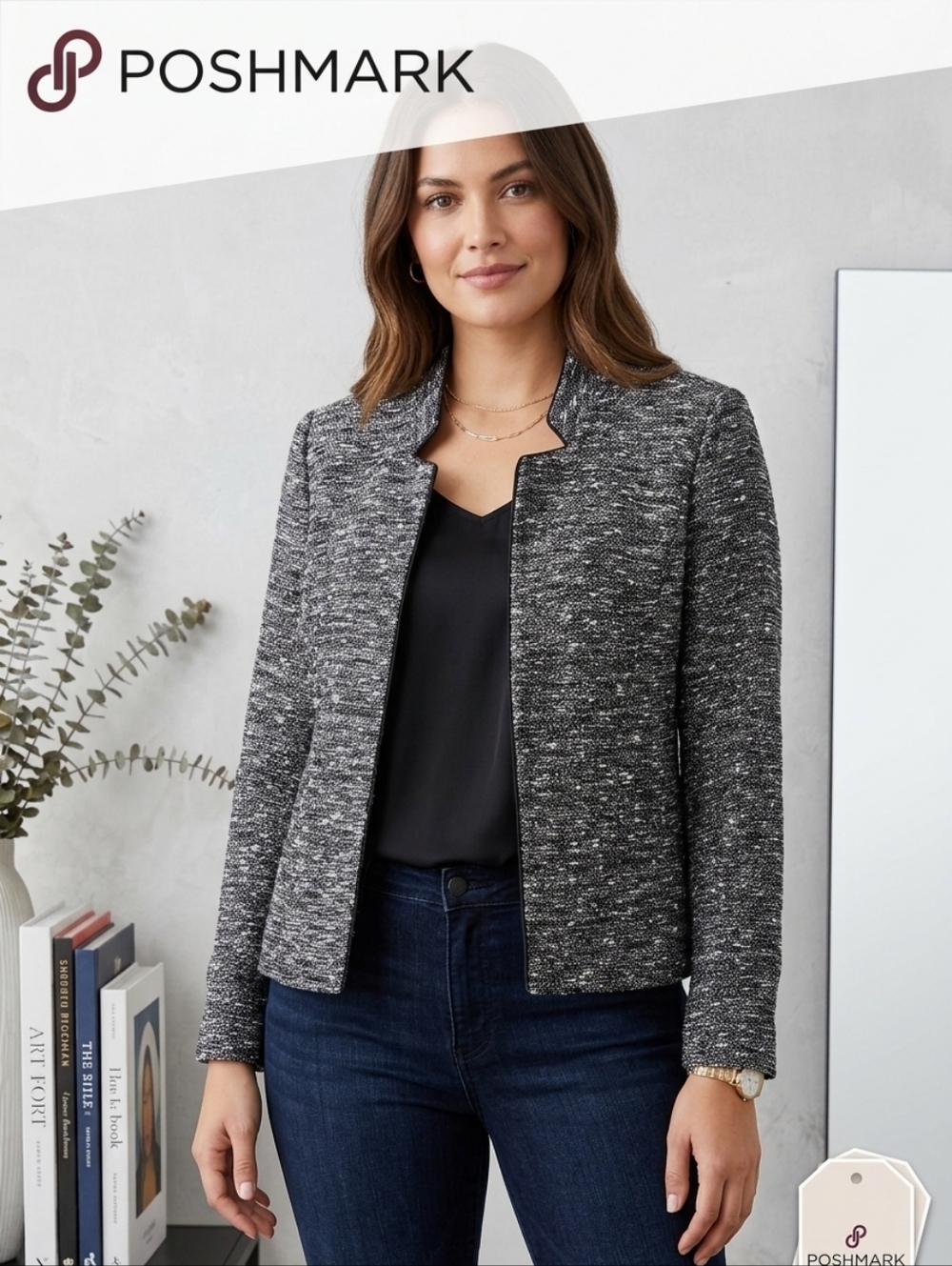 9&CO. Women's Black Gray Tweed Open-Front Jacket. Size 6